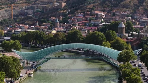 Boom Shot Above Bridge of Peace in Downtown Tbilisi, Georgia