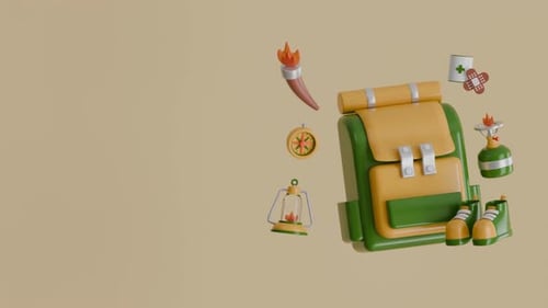 Floating Adventure Gear 3D Loop Animation: Backpack, Bandage, Compass, Adventure Shoes, Gas Canister