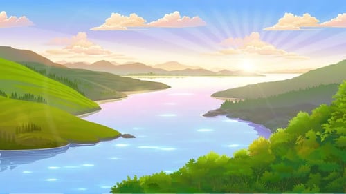 Cartoon River Landscape Scene Looped + 4k