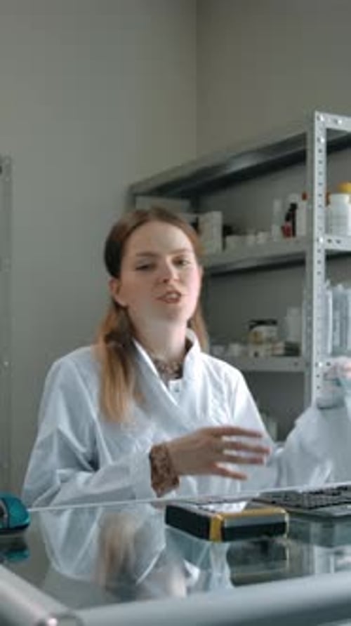 Vertical of Customer Picks Up Order in White Package From Female Pharmacist at Pharmacy
