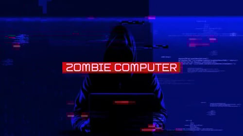 Hacker Working on Laptop Glitch Text Reveal