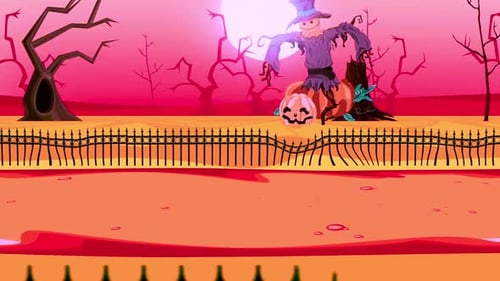 Spooky Halloween scene with scarecrow and pumpkins under a vibrant pink moon