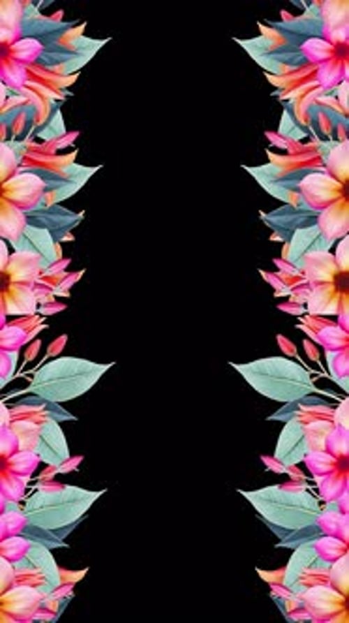 Elegant tropical floral frame for vertical video Pink & orange flowers, green blue leaves border o