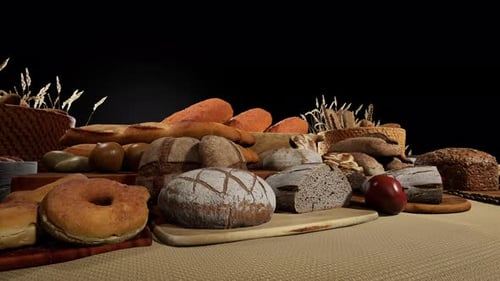 Assortment of Fresh Bread and Wheat Stalks 3D Animation