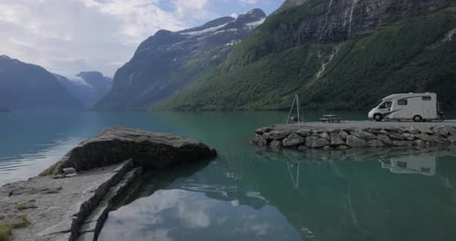 Family vacation travel RV, holiday trip in motorhome. Beautiful Nature Norway natural landscape.