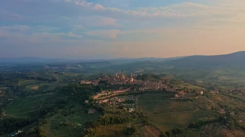 Aerial Forward Revealing Wide Shot of San Gimignano Tuscany Italy