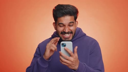 Happy Excited Indian Winner Man Use Smartphone Say Wow Yes Found Out Great Big Win Good News Lottery