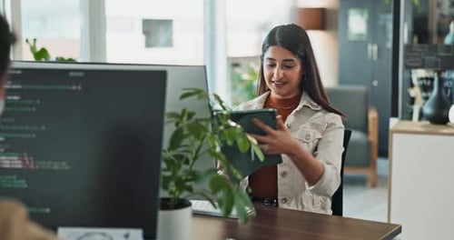 Computer, programming and tablet with business woman in office for coding or software development