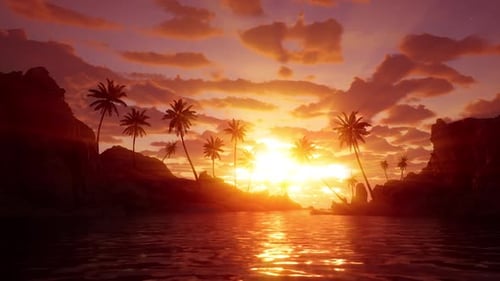 Rocas y palmeras al atardecer