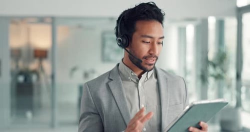 Man, agent and tablet with headset for online sale, telemarketing or business in office