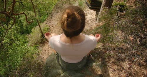 A woman meditates on a rock in a forest, viewed from above, with greenery and trees surrounding her