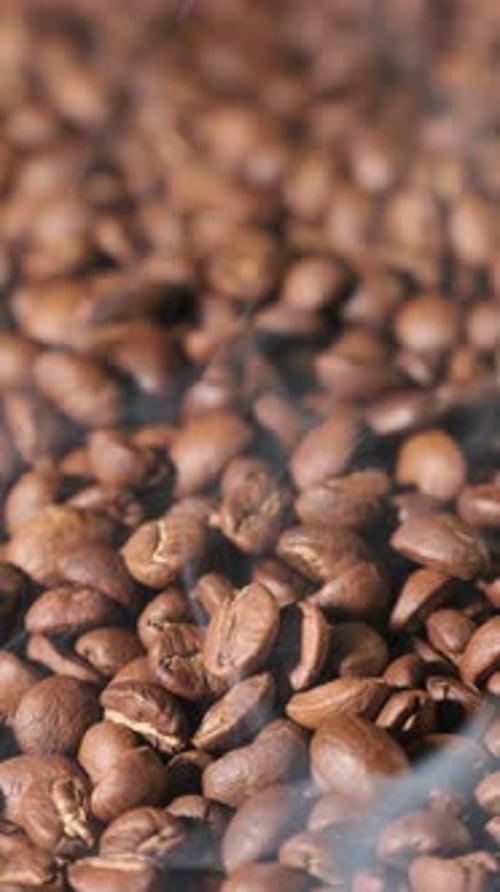 Vertical slow motion of roasted coffee beans falling. Organic coffee seeds.