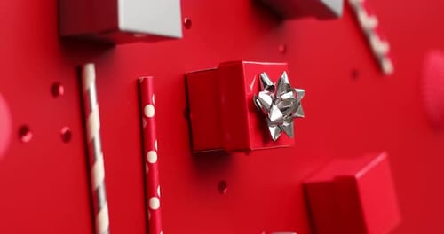 Woman Put Red and Silver Gift Box on Festival Birthday Party Background