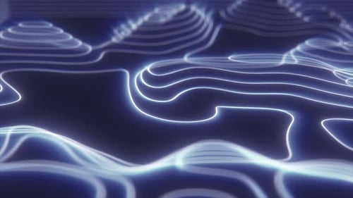 Abstrakte, blau geschlungene futuristische Hightech-Landschaft mit Bergen und Schluchten aus glühender Energie