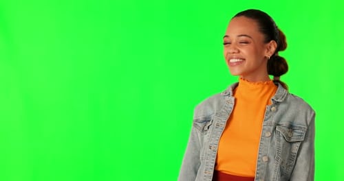 Happy woman, OK hand gesture and green screen, emoji and agreement with vote