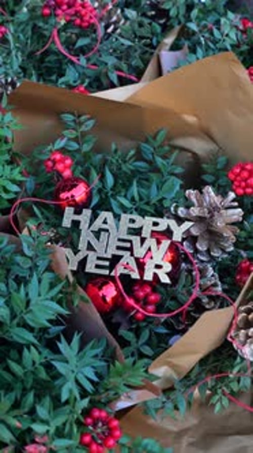Happy New Year Bouquet with Red Berries and Ornaments