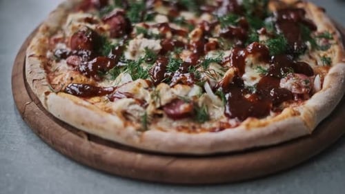 BBQ Chicken Pizza on Wooden Board