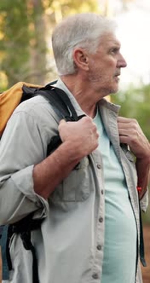 Hiking, senior man and walking in woods for holiday adventure, explore nature and fresh air