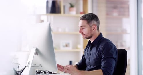 Businessman at computer, relax and stretch in workplace, deadline complete