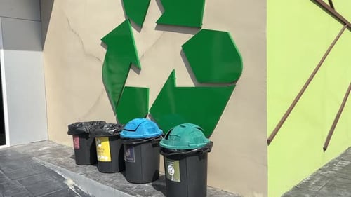 Large Recycling Sign Next to Waste Bins – Environmental Recycling Symbol, Trash Sorting Station,