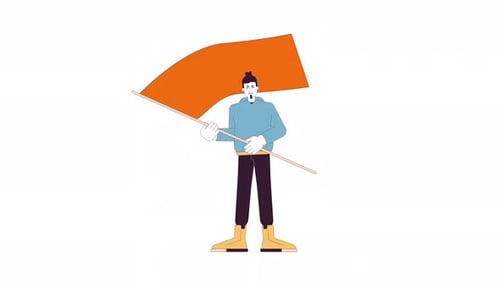Animated Flat Design Character Waving a Plain Orange Flag