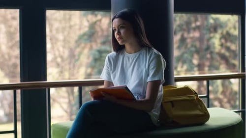 Caucasian Pensive Thinking Thoughtful Girl Female Woman Student Pupil Schoolgirl Lady Study