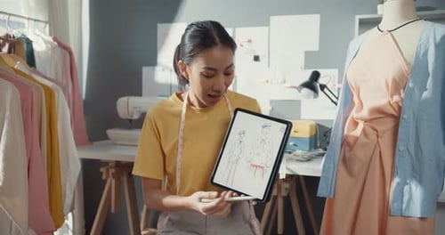 Asia lady fashion designer with casual use digital tablet create new collection in her shop.