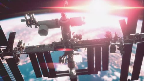 Close Up ISS Flying Over Earth Globe Atmosphere