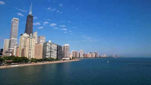 City Of Chicago Skyline By Waterfront Drone