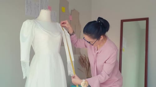 Tailor Measuring Sleeve of Weddings Dress Being Made for Bride
