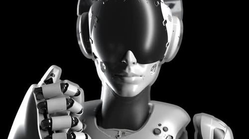 a close-up portrait of a robot making a gesture to come closer. has an alpha channel