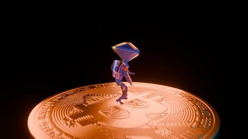Funny Robot Dancing On A Bitcoin On Black Background Endless Loop