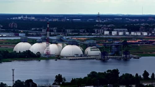 View of the Riga Fertilizer Terminal and its iconic dome storage tanks in Latvia