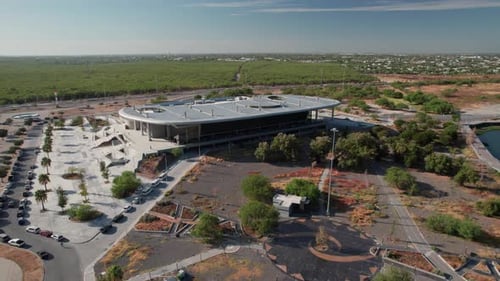 A panoramic view of the expansive Expo Tam Convention Center in Reynosa, Mexico, showcasing its gran