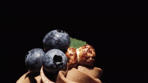 Delicious Chocolate Cupcake Topped with Blueberries and Popcorn