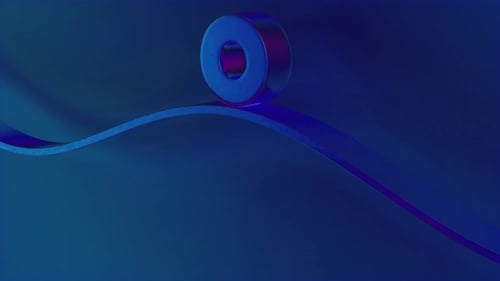 Minimalist loop animation, dark blue iridescent cylinder rolling on curved track,geometric seamless