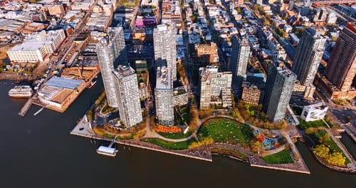 High-rise buildings on the waterfront area of Long Island in New York.