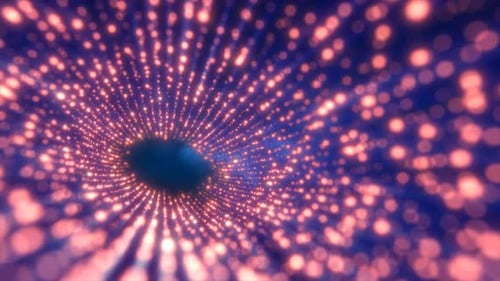 Tunnel of red energy particles blurred bokeh glowing bright abstract background