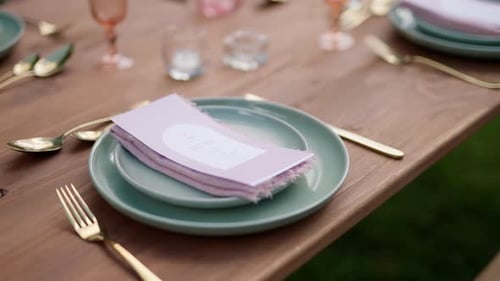 Close Up Wedding Reception Table Setup With Plates And Napkins, 4K Slow Motion