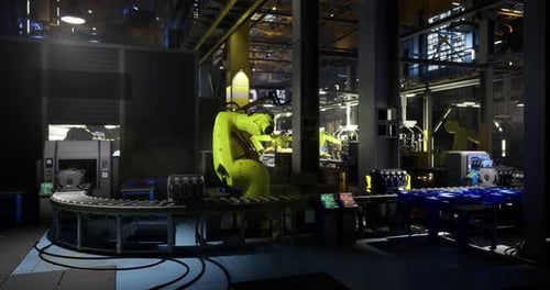 Automated Assembly Line with Industrial Robots in a Factory