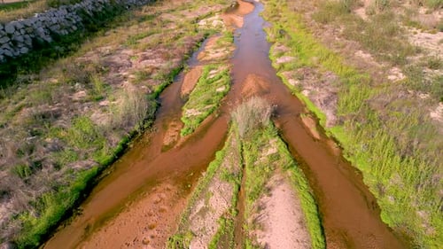 Aerial view of a river with little flow extreme drought in Europe