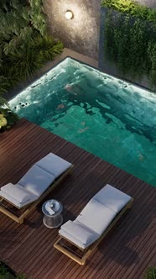 Small pool with two sun loungers surrounded by plants in the evening. 3d render