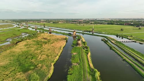 Netherlands. An aerial view of the windmill. Kinderdijk national park. View from a drone.