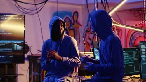 Hackers discutindo em Hideout Base