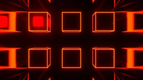 VJ Loop in 4K als Hintergrund mit roten und orangefarbenen Stroboskop-Neonwürfeln
