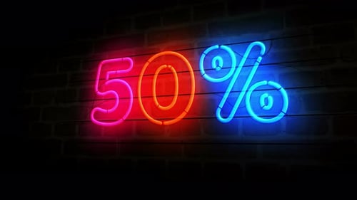 Neon 50% Percentage Discount Sign Animation on Brick Wall