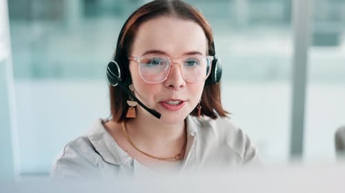 Call center, customer service and woman on computer talking for consulting, help and CRM support