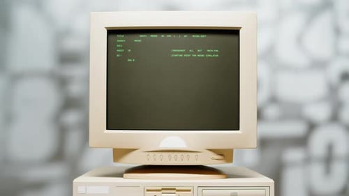 Retro Pc with Loading Code Console Programmer Making Scripts Green Basic Screen Old Computer Studio