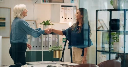 Women, smile and handshake in office for meeting, recruitment and positive in job interview