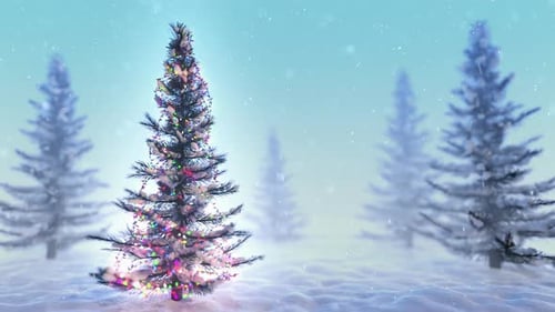 Animated Christmas Tree with Twinkling Lights in Snowy Winter Landscape
